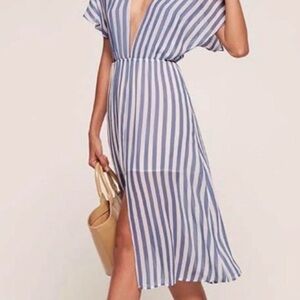 Reformation Blue and White Striped V-Neck Midi Dress